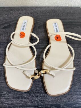 Steve Madden Cream Strappy Slide Sandals with Gold Chain Accent